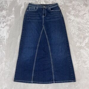 Vintage Y2K Denim Midi Skirt Womens 4 Western Cowgirl Boho Back Slit Stretch